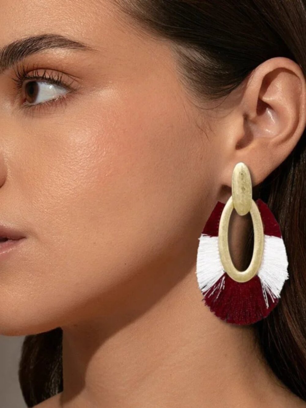 Gold Dipped Fringed Boho Earrings Crimson Red & White Alabama Gameday